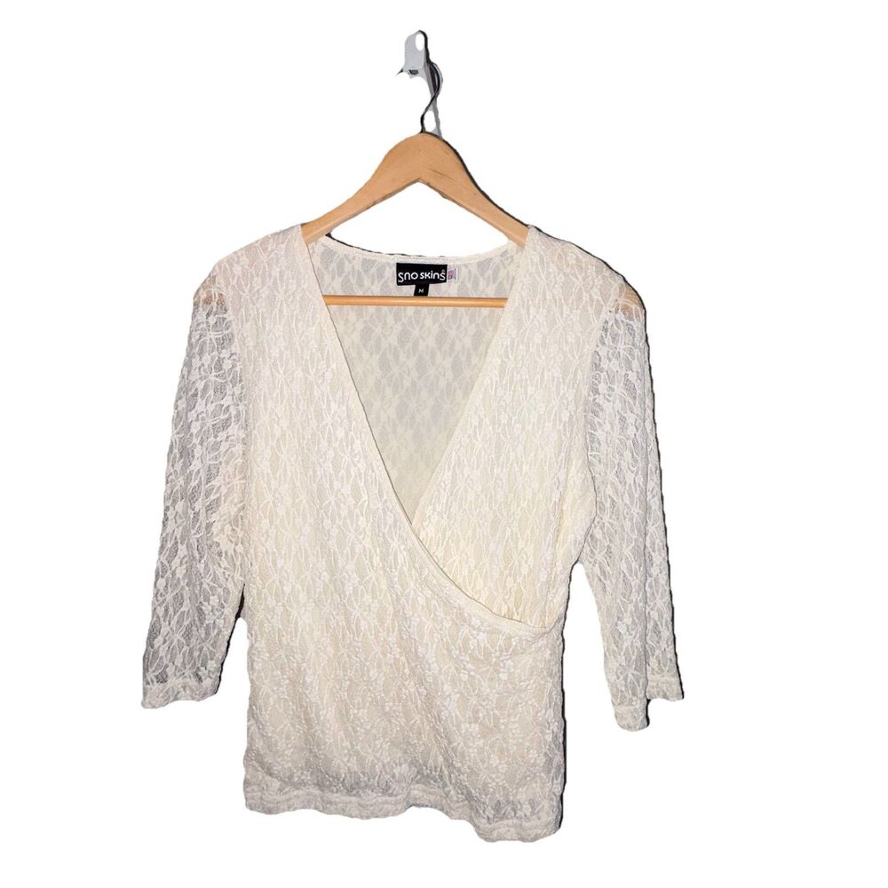 Sno skins Ivory Lace Crossover Top Size Medium Y2K Lined Stretch 3/4 Sleeves